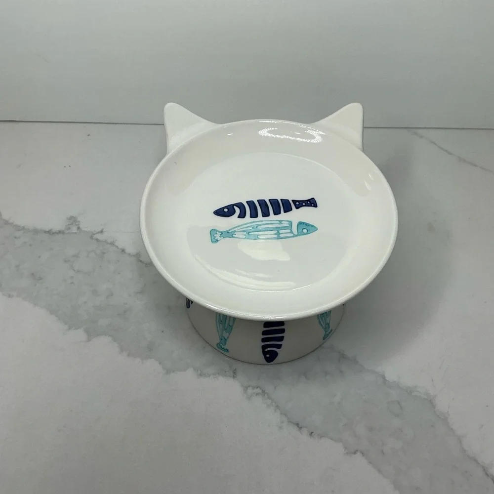 Signature Elevated Bowl Cat Food Blue & Aqua Ceramic Fish Design New